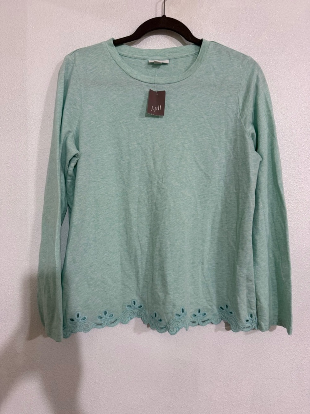 Women's Long Sleeve Crewneck Top with Scalloped Hem - Mint Jill